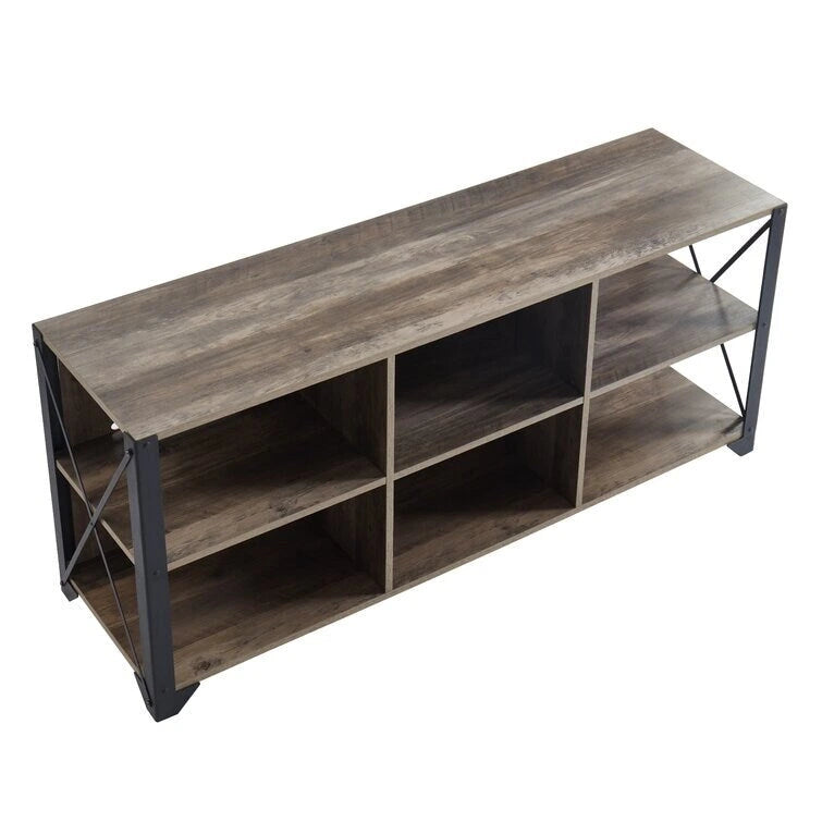 Mueble de TV industrial de nogal gris y roble rústico con 6 estantes, para hogares de 1 a 2 personas