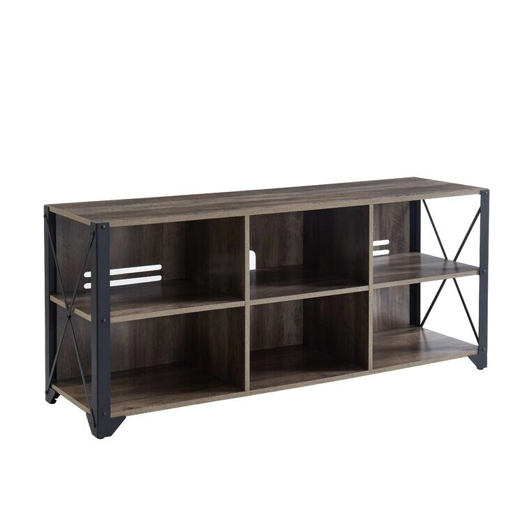 Mueble de TV industrial de nogal gris y roble rústico con 6 estantes, para hogares de 1 a 2 personas