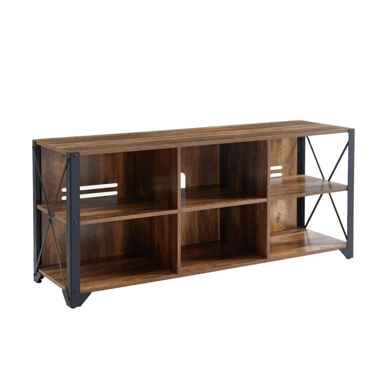 Mueble de TV industrial de nogal gris y roble rústico con 6 estantes, para hogares de 1 a 2 personas