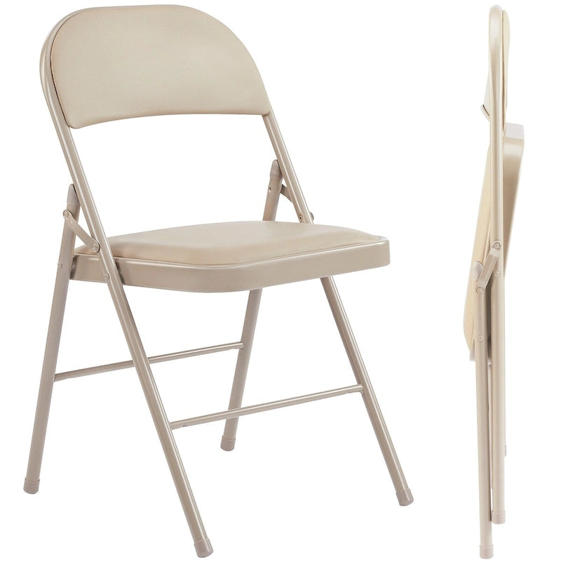 Silla plegable de cuero sintético beige, asiento acolchado, estructura de metal, juego de 2