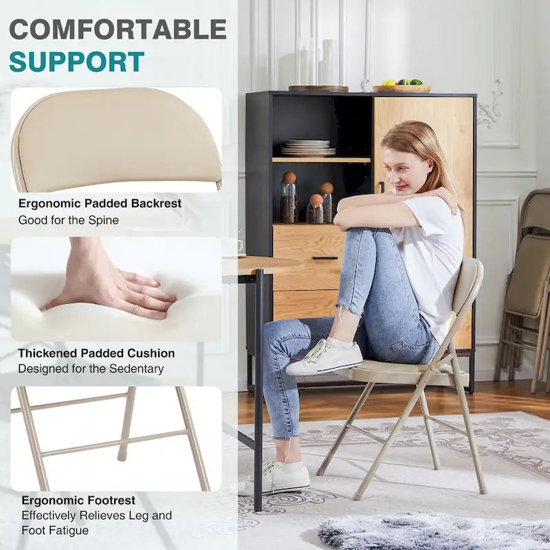 Silla plegable de cuero sintético beige, asiento acolchado, estructura de metal, juego de 2