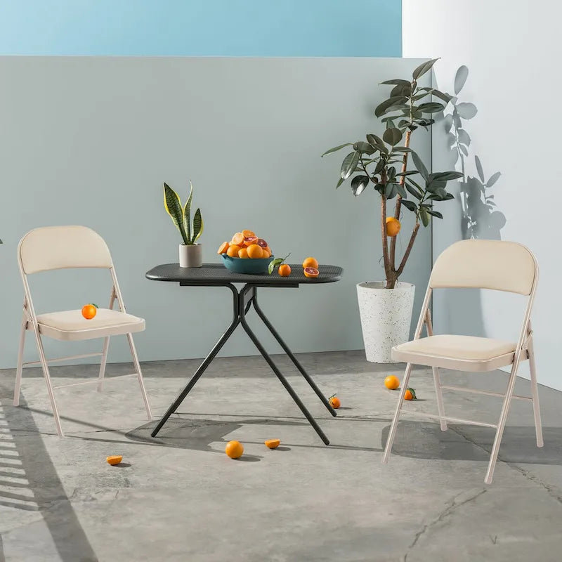 Silla plegable de cuero sintético beige, asiento acolchado, estructura de metal, juego de 2