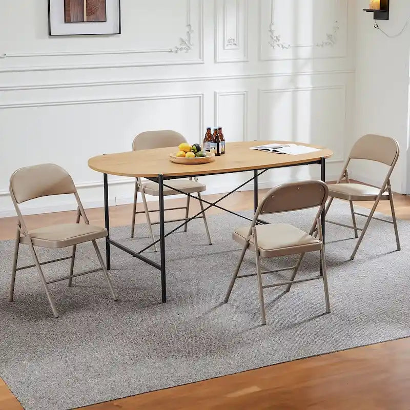 Silla plegable de cuero sintético beige, asiento acolchado, estructura de metal, juego de 2