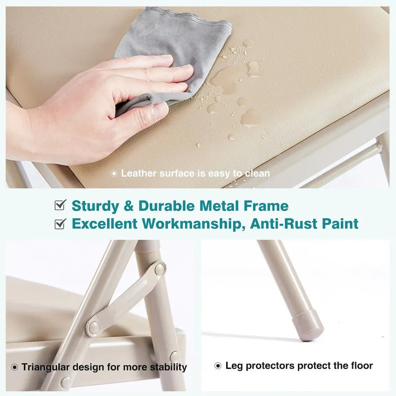 Silla plegable de cuero sintético beige, asiento acolchado, estructura de metal, juego de 2