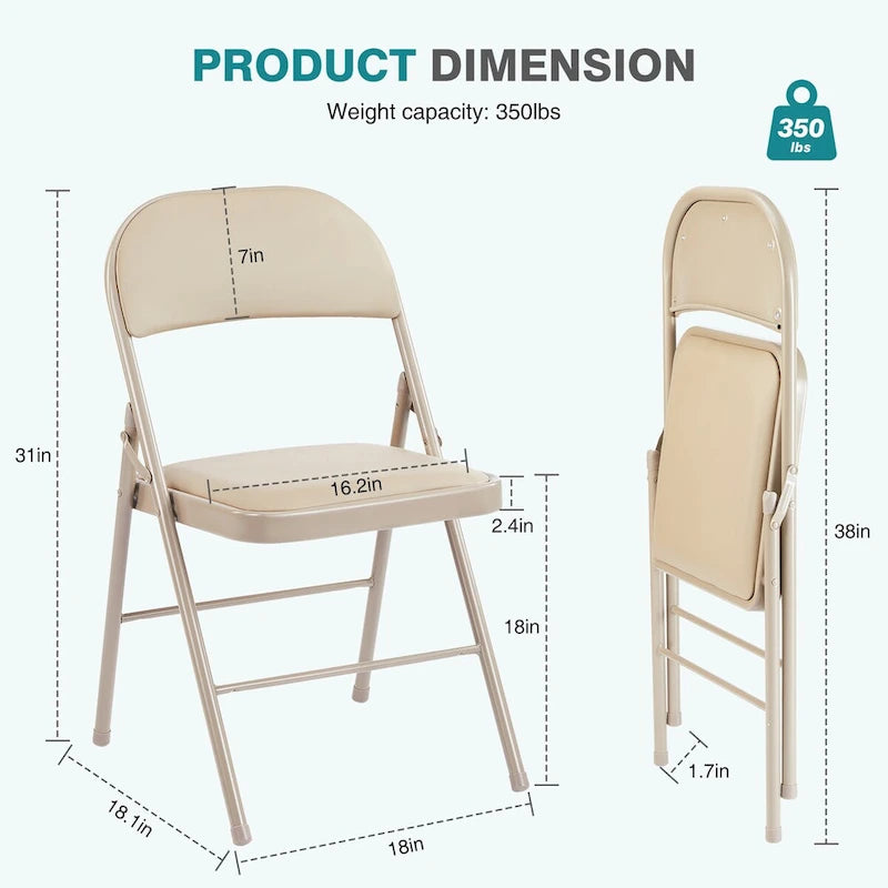 Silla plegable de cuero sintético beige, asiento acolchado, estructura de metal, juego de 2