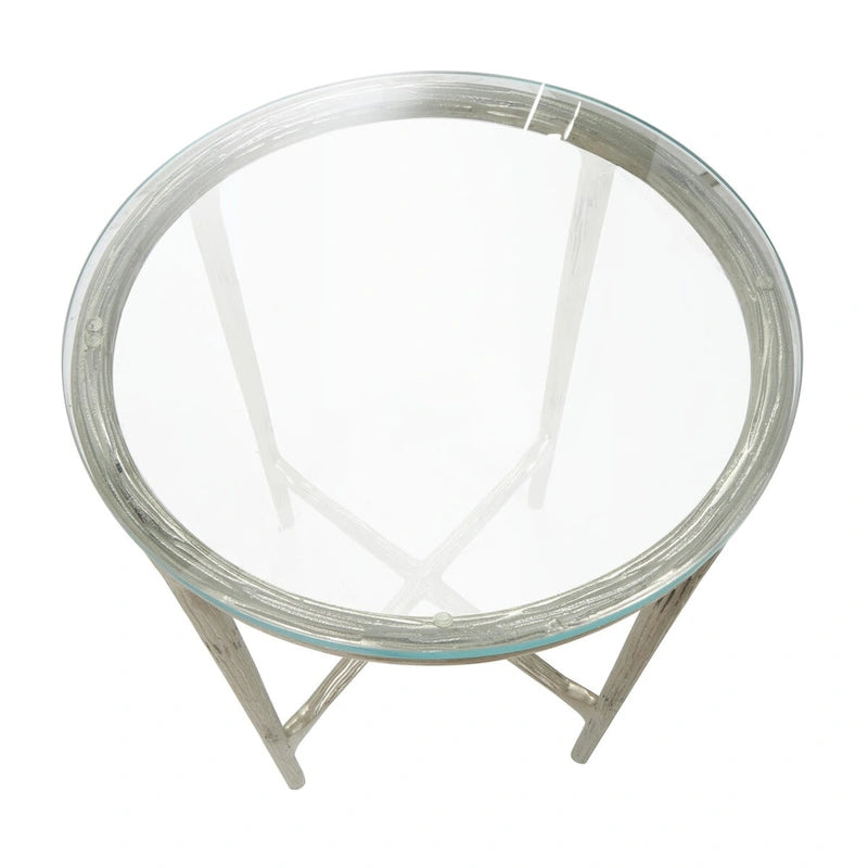 Mesa Auxiliar de Aluminio con Textura Dorada o Plateada y Tapa de Cristal – Interior, 1 Pieza